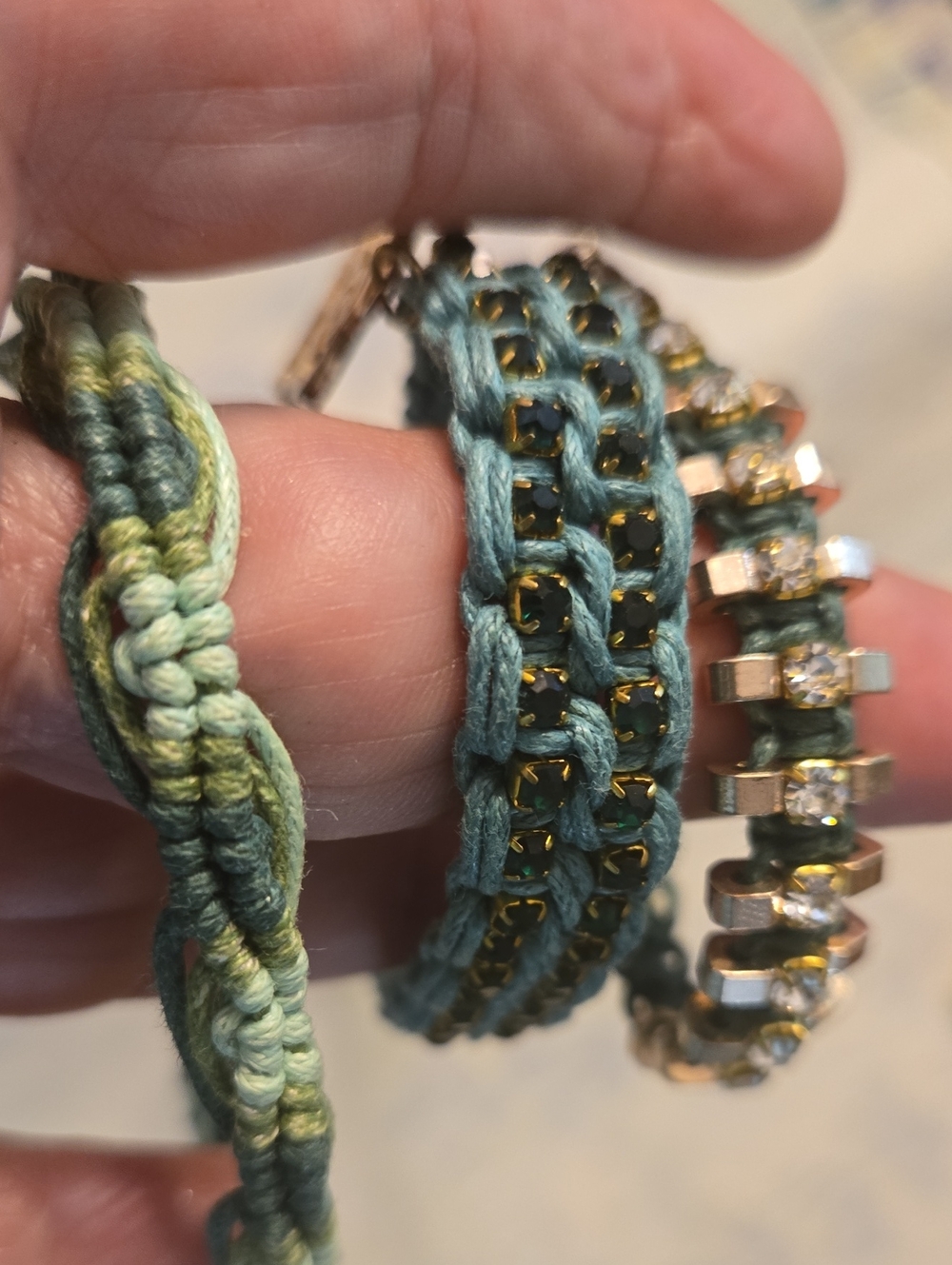 Handmade Green Macramé and Rhinestone Bracelet Trio